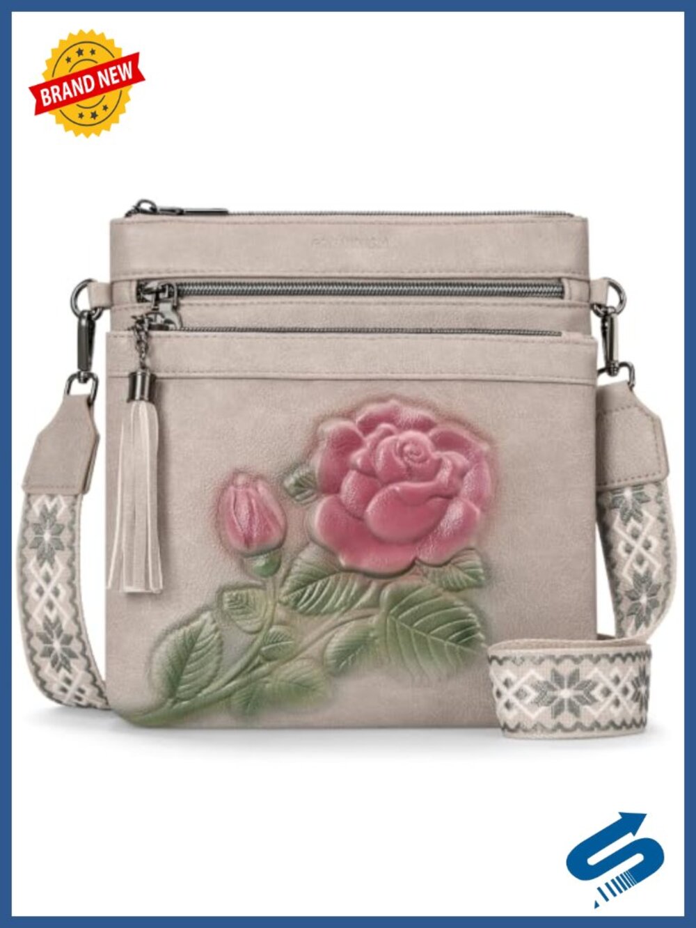 Embossed Flower Faux Leather Crossbody Bag Multi-Pocket Boho Strap Purse